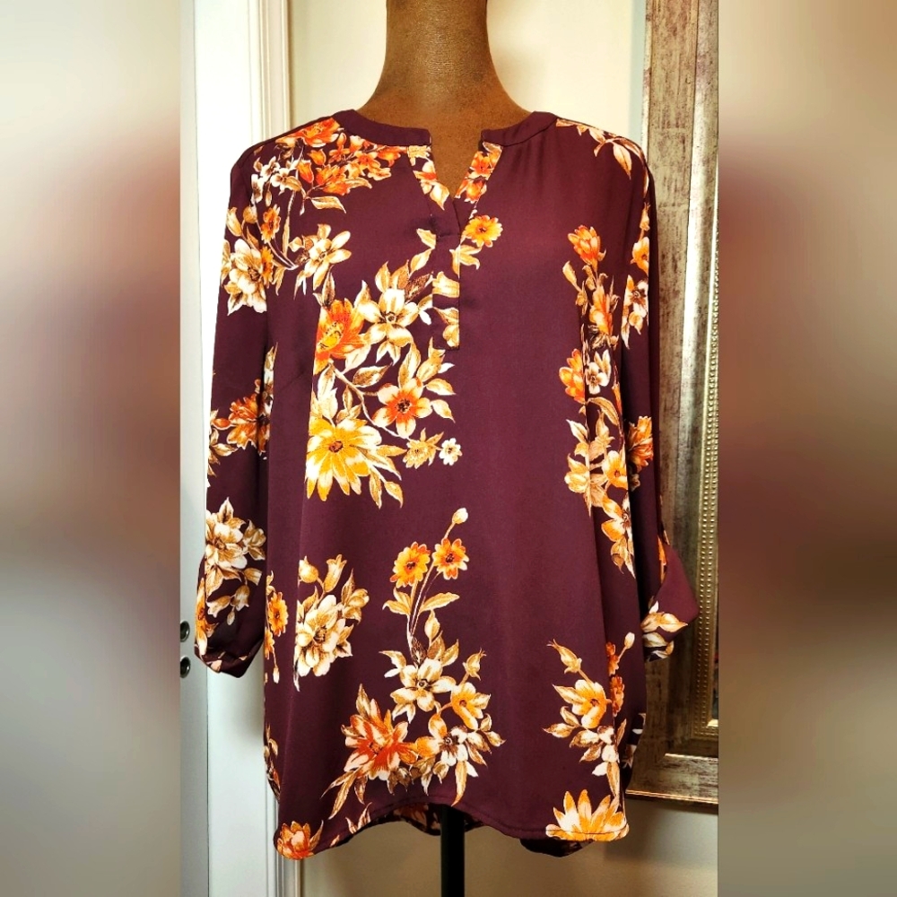 Daniel Rainn Floral Print Women's Top - Maroon and Gold